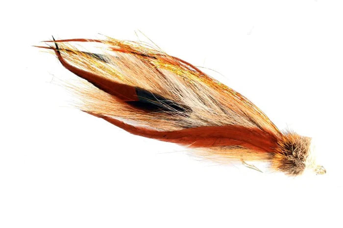 Catch Fly Merlin's Beard 5/0 fishing lure featuring natural brown, orange, and black feathers designed for musky and fly fishing tackle.