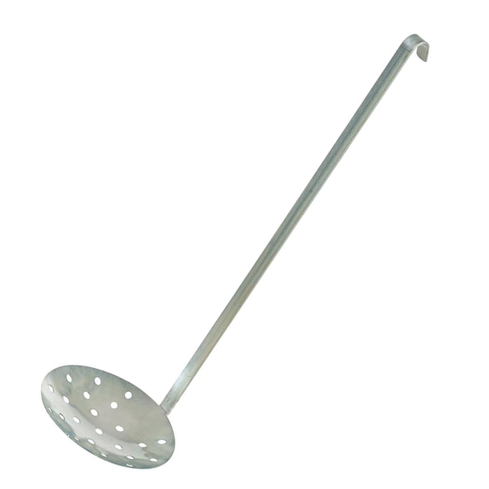 Celsius Metal Ice Skimmer with a long metal handle and a round perforated scooping head designed for removing ice from fishing holes.