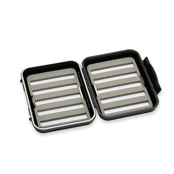 C&F Design Fly Boxes open to show foam inserts with multiple parallel slots for securely organizing and storing fishing flies and small tackle.
