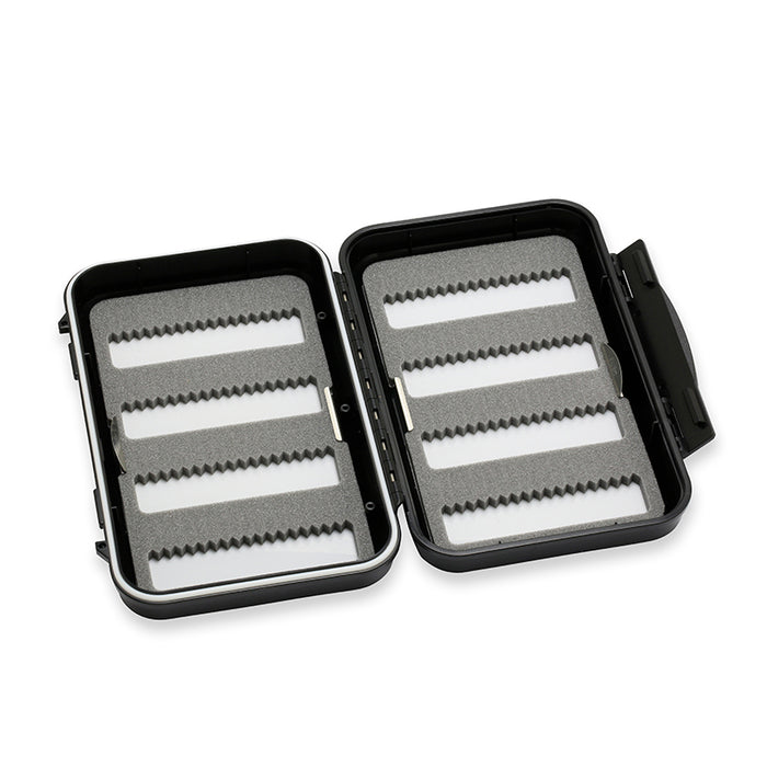 C&F Design Fly Boxes featuring a black durable case with foam inserts designed to securely hold fishing flies for organized fishing tackle storage.