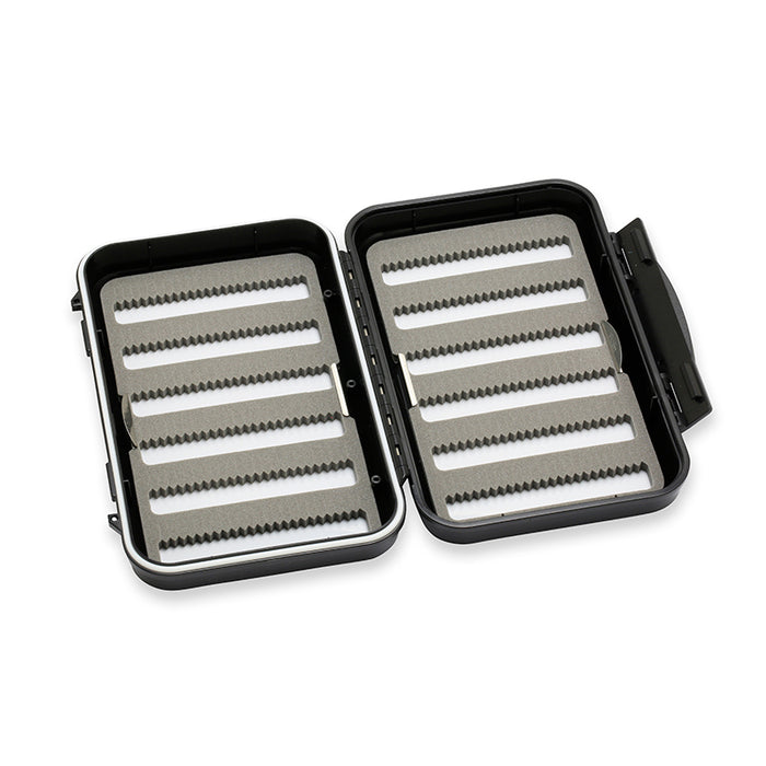C&F Design Fly Boxes open to show interior foam strips designed for securely holding and organizing fishing flies, ideal for anglers needing durable fishing tackle storage.