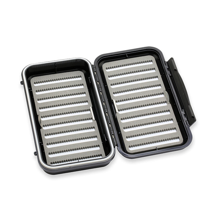 C&F Design Fly Boxes open showing dual compartments with foam inserts for securely organizing and protecting fishing flies and tackle.