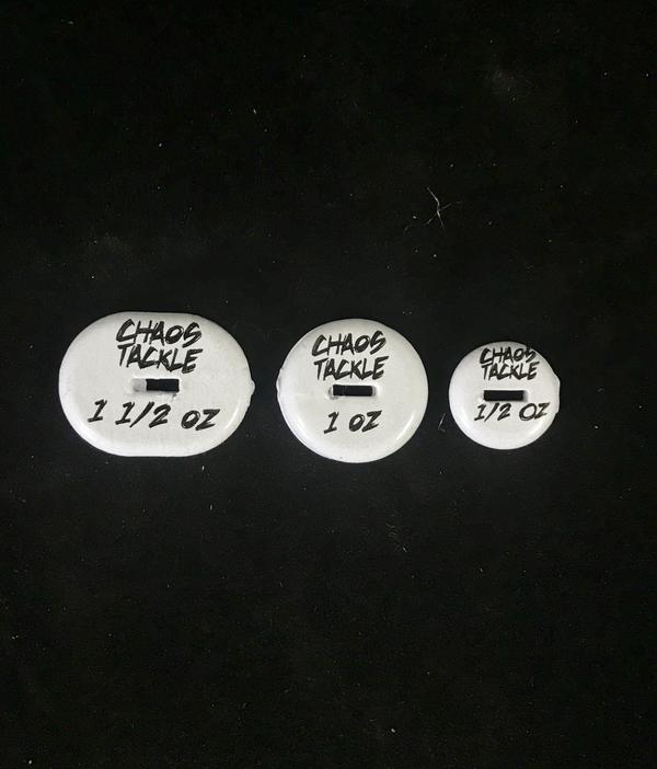 Three white round weighted fishing tackle pieces in varying sizes labeled Chaos Deep Threat Weights with weight markings 1 1/2 oz, 1 oz, and 1/2 oz on a black background.