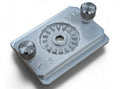 Close-up of a silver metal Cisco dual articulating mount track base (MTTRM-DA) featuring two knurled thumbscrews and a central mounting hole designed for secure attachment in fishing tackle setups.