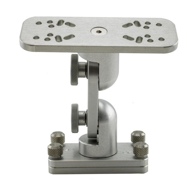 Cisco Dual Articulating Mounts made of metal with adjustable joints and multiple mounting holes designed for secure attachment of fishing tackle or marine electronics.