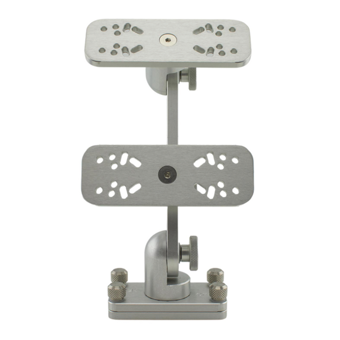 Cisco Dual Articulating Mounts in silver metal featuring adjustable plates with multiple mounting holes and secure tightening screws, designed for fishing tackle and marine electronics setup.
