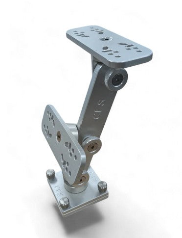 Cisco Dual Articulating Mounts in gray metal with adjustable joints and multiple screw holes for secure attachment, designed for flexible positioning in marine electronics and fishing tackle setups.