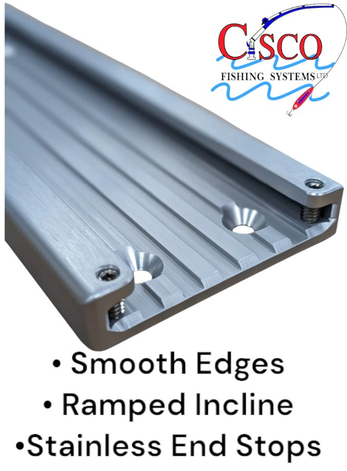 Close-up of the Cisco Sure Stop Track showing a sleek, silver aluminum rail with smooth edges, ramped incline design, and stainless steel end stops for secure mounting in fishing tackle setups.
