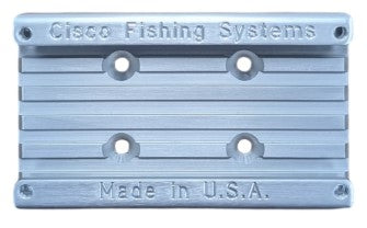 Silver metal mounting plate with engraved text "Cisco Fishing Systems" and "Made in U.S.A.", featuring four circular holes designed for securely attaching the Cisco Sure Stop Track fishing tackle accessory.