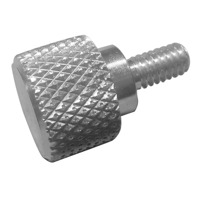 Close-up of a single silver metal thumbscrew with a knurled cylindrical head and threaded shaft, designed for easy hand tightening, Cisco Thumbscrews - 1/2" (1 Pack).