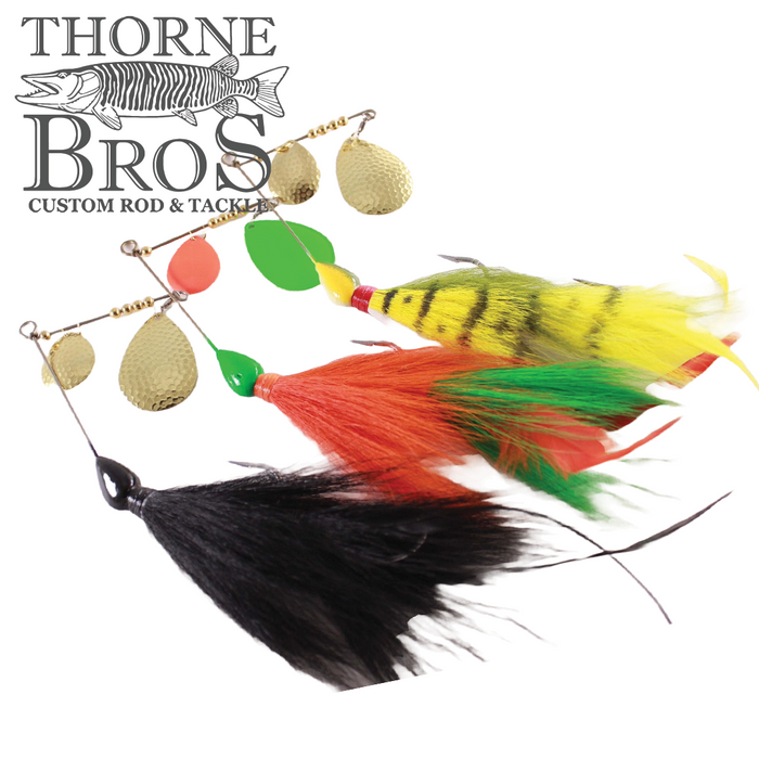 CJ'S Large Tandem fishing lure with multiple colorful feathered hooks and gold spinner blades designed for musky fishing, displayed with Thorne Bros custom rod and tackle logo.