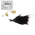 CJ'S Large Tandem fishing lure featuring a black feathered skirt and two gold hammered spinner blades, designed for attracting musky with realistic movement.