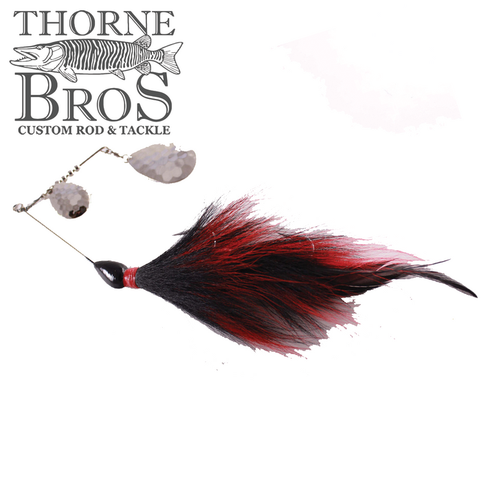 CJ'S Large Tandem fishing lure featuring two reflective silver blades and a black and red feathered tail, designed for musky fishing and custom tackle enthusiasts.
