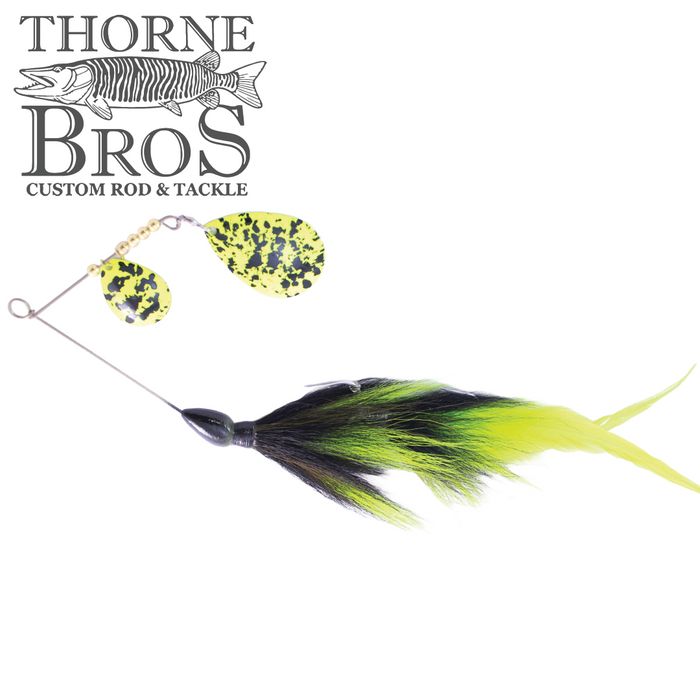 CJ'S Large Tandem fishing lure featuring two yellow and black speckled spinner blades and a black and bright yellow feathered skirt, designed for musky fishing.