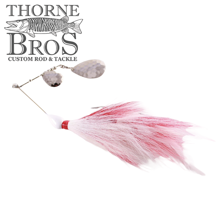 CJ'S Large Tandem fishing lure with a red and white feathered skirt and two spinner blades, designed for musky fishing and effective water movement.