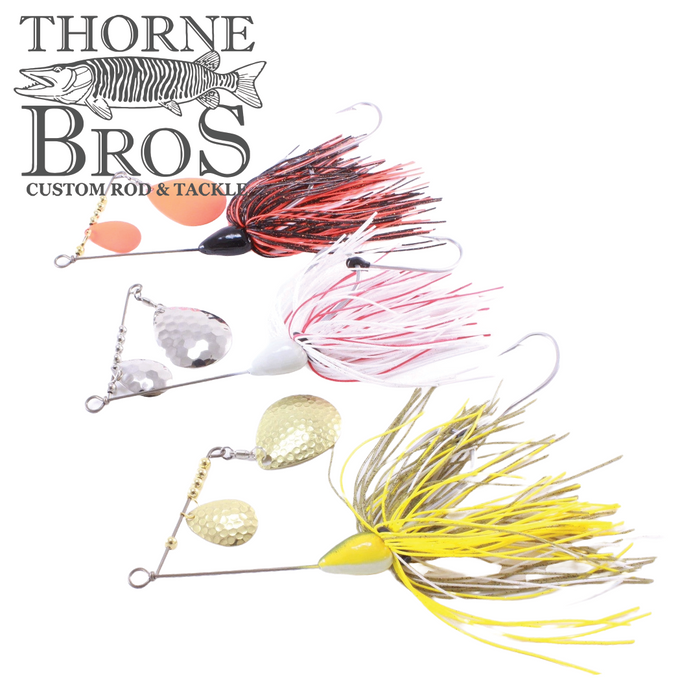 Three CJ'S Small Tandem Silicone fishing lures in red, white, and yellow with tandem spinner blades designed for musky and ice fishing, displayed with Thorne Bros logo.