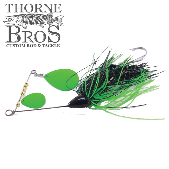 CJ'S Small Tandem Silicone fishing lure featuring green and black silicone skirt, two bright green spinner blades, a sharp hook, and metal wire frame designed for musky fishing tackle.