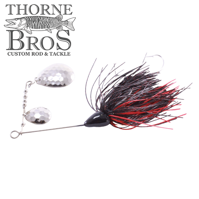 CJ'S Small Tandem Silicone fishing lure featuring dual silver spinner blades and a black and red silicone skirt, designed for effective musky fishing and fishing tackle use.