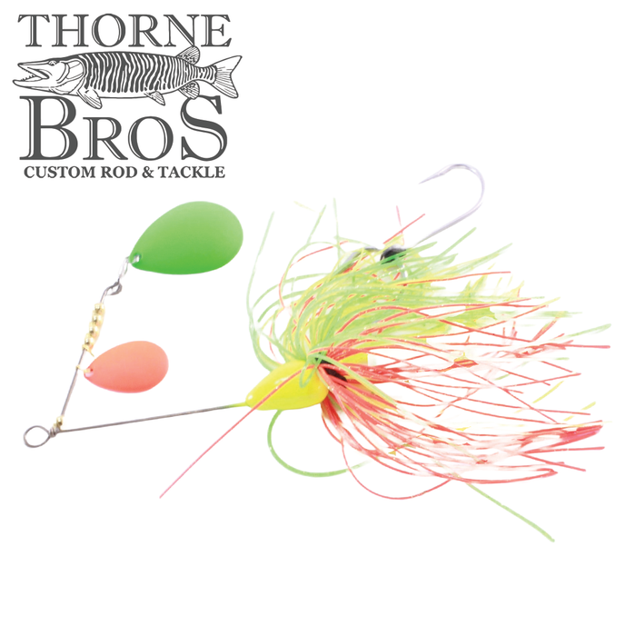 CJ'S Small Tandem Silicone fishing lure featuring two colorful silicone skirts and dual spinner blades in green and orange for effective fishing tackle performance.