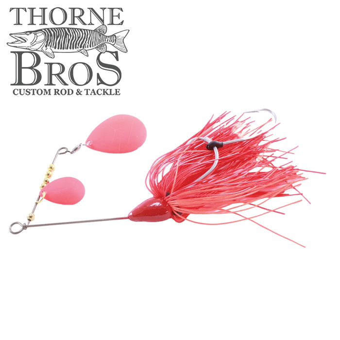 CJ'S Small Tandem Silicone fishing lure in bright red with dual spinner blades and silicone skirt designed for attracting musky and other freshwater fish.