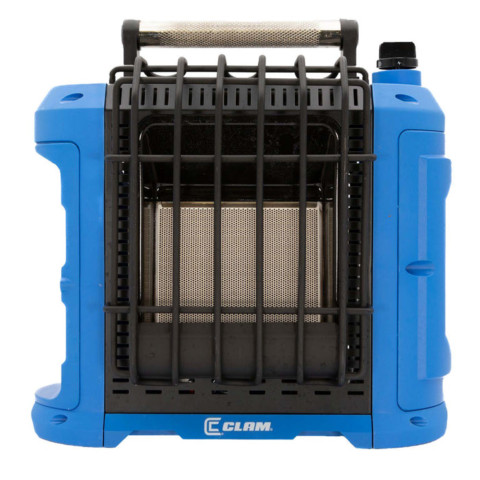Clam 10,000 BTU Heater in blue with black protective grille, front-facing heating element, and handle, designed for use in fishing and outdoor ice shelters.