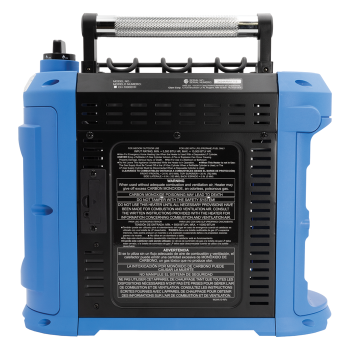 Back view of a Clam 10,000 BTU Heater in blue and black with ventilation panels, warning labels, and a metal handle for easy carrying, designed for outdoor fishing use.