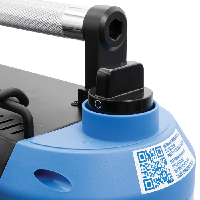 Close-up of the control knob and handle on a blue and black Clam 10,000 BTU Heater, showing a textured silver grip and a QR code label for instructions.