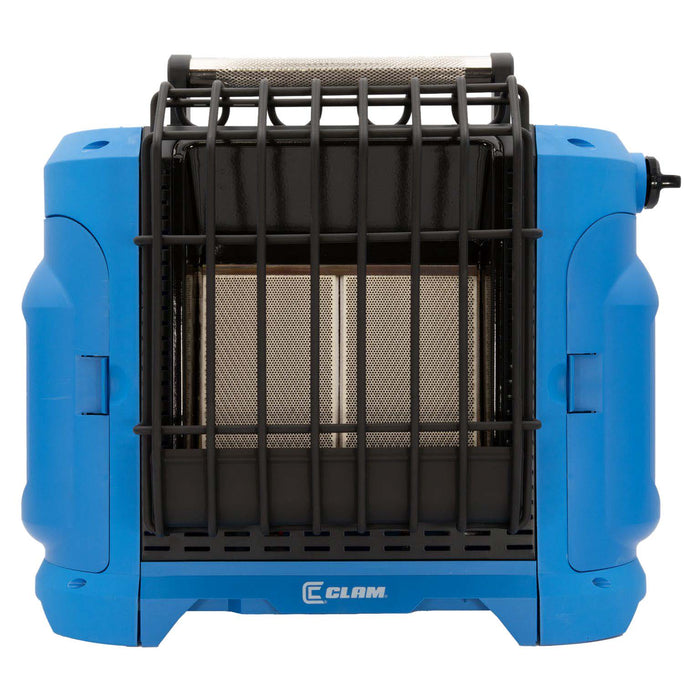 Clam 16,000 BTU Heater in blue with black protective grill, designed for outdoor use to provide portable warmth during fishing or ice fishing activities.