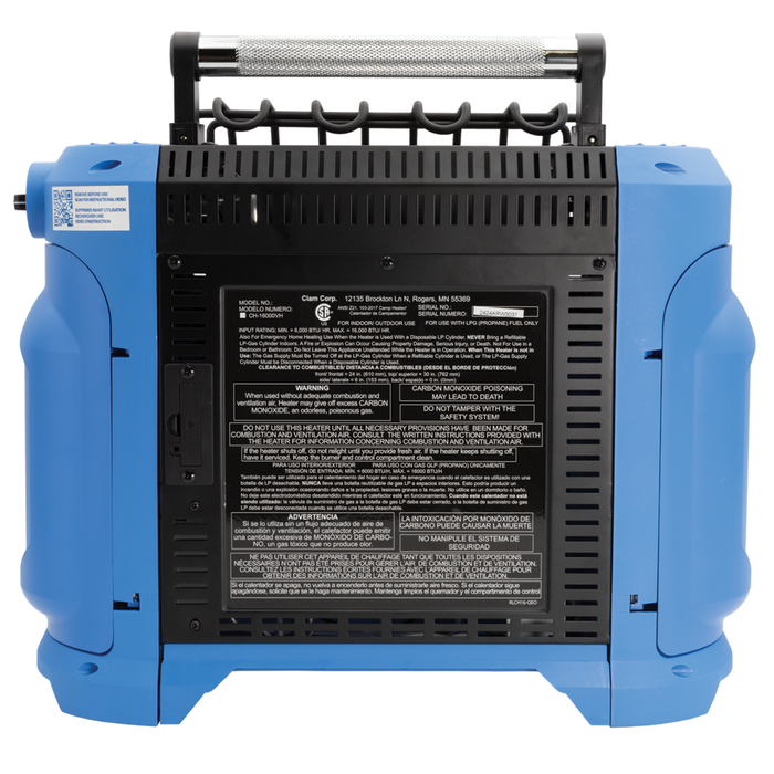 Back view of the Clam 16,000 BTU Heater showing blue sturdy housing, ventilation slits, control panel, and multiple warnings and safety labels designed for safe and effective heating during outdoor fishing activities.