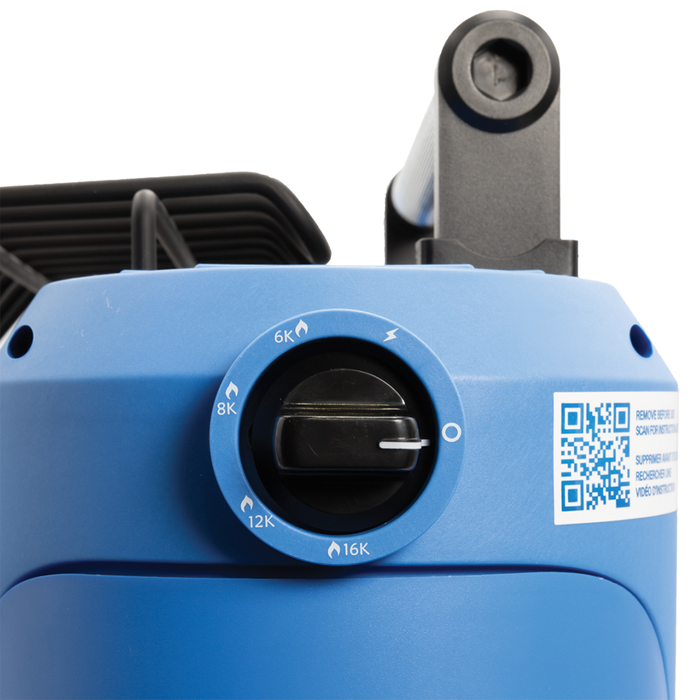 Close-up of the control knob on the blue Clam 16,000 BTU Heater showing adjustable heat settings and power options, designed for durable outdoor use.