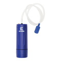 Blue cylindrical Clam Aerator with a clear flexible tube attached to a blue foam air stone diffuser for aerating live bait or fishing tackle water.