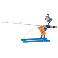 Clam Arctic Warrior Tip Up ice fishing rod with blue metal frame, cork handle, silver reel, and orange flag for tip-up indicator, designed for durable fishing tackle use.