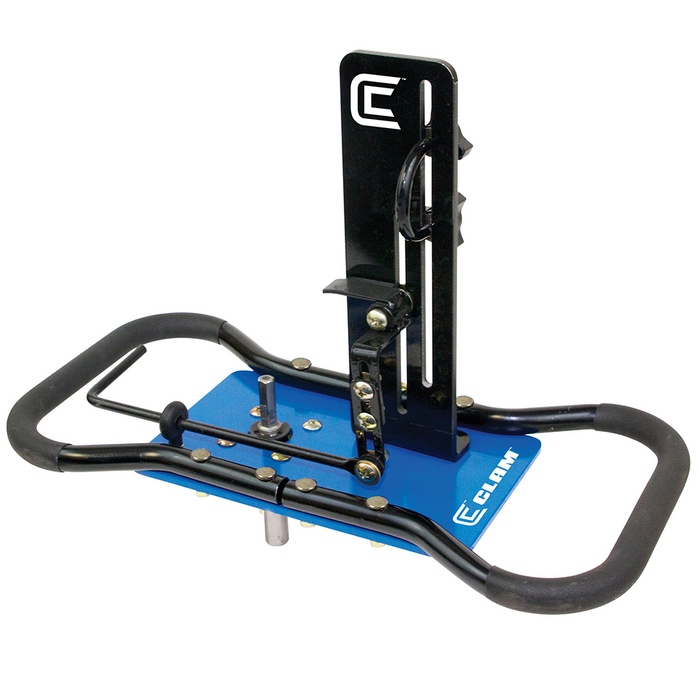 Clam Auger Drill Plate Pro (No Gear Box) - 16959, a sturdy ice fishing accessory with a blue metal base, black adjustable vertical mount, and ergonomic handle for secure drill attachment and ease of use.