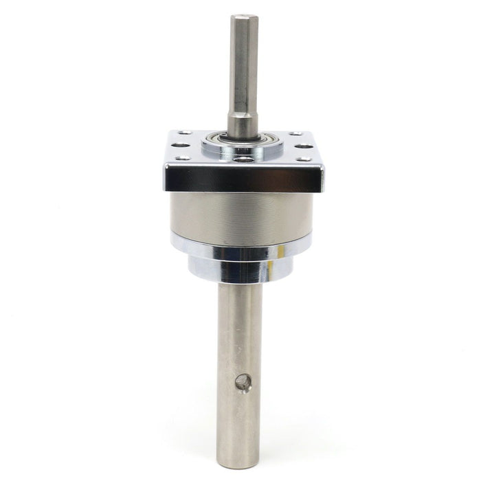 Clam Auger Power Drive Gear Box - 15502, metallic fishing tackle component with stainless steel shafts and square mounting plate for ice fishing auger power drive systems.