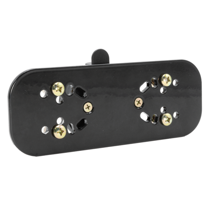 Black rectangular mounting plate with multiple screw holes and brass-colored screws, designed for securely attaching electronics, identified as Clam ClamLock Electronics Head Unit Mount.