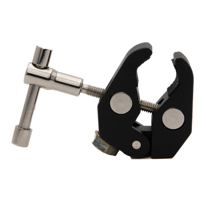 Clam ClamLock Fish Trap/Tube Adapter - Adjustable Clamp made of metal with a black finish, featuring a screw tightening mechanism for secure attachment to fishing gear or traps.