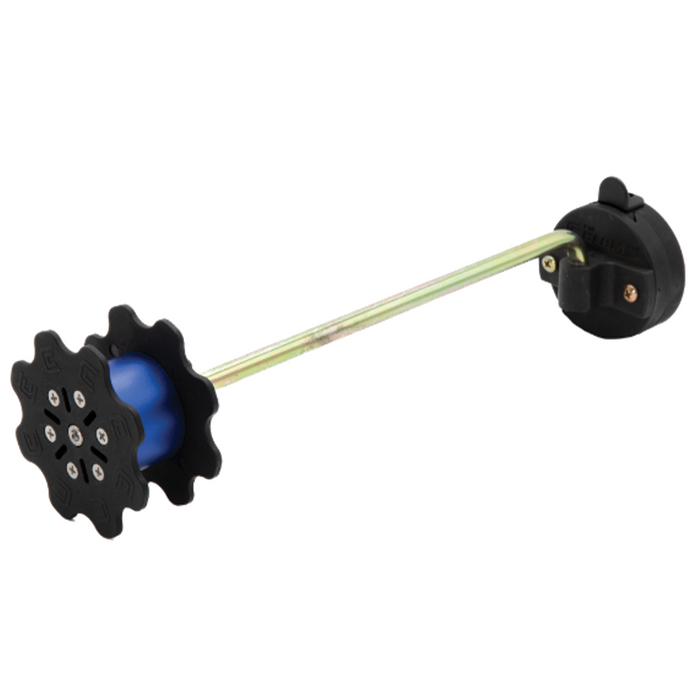 Clam ClamLock Horizontal Rattle Reel - w/Hub Mount featuring a black star-shaped rattle, blue spool, and metal arm with hub mount for secure attachment, designed for fishing tackle use.