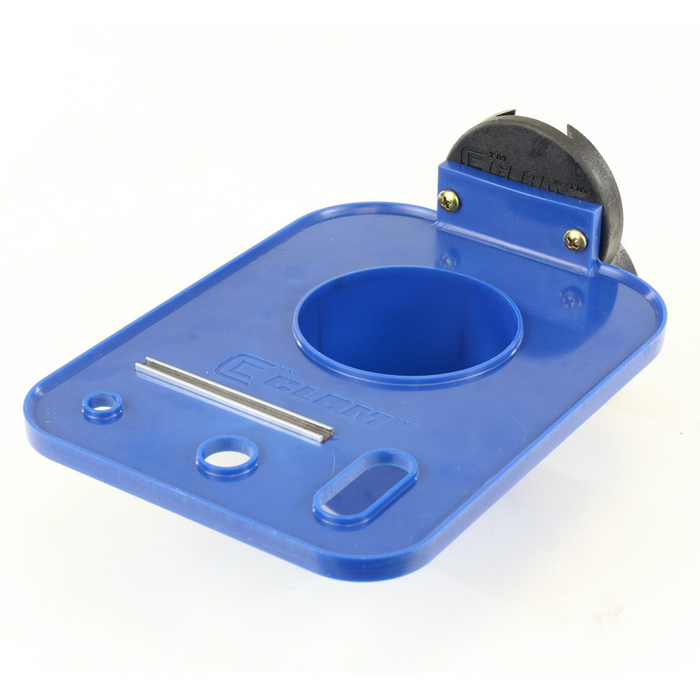 Blue plastic Clam ClamLock Hub Shelf designed for organizing fishing tackle, featuring a central circular holder and mounting clamp for secure attachment.