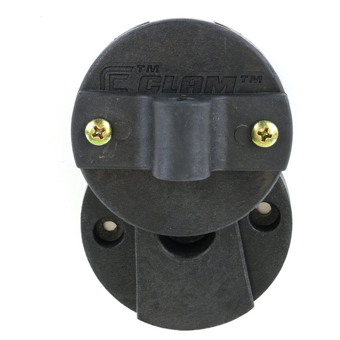 Clam ClamLock Hub Shelf in black durable plastic with mounting holes and gold-tone screws, designed for secure attachment in fishing tackle setups.