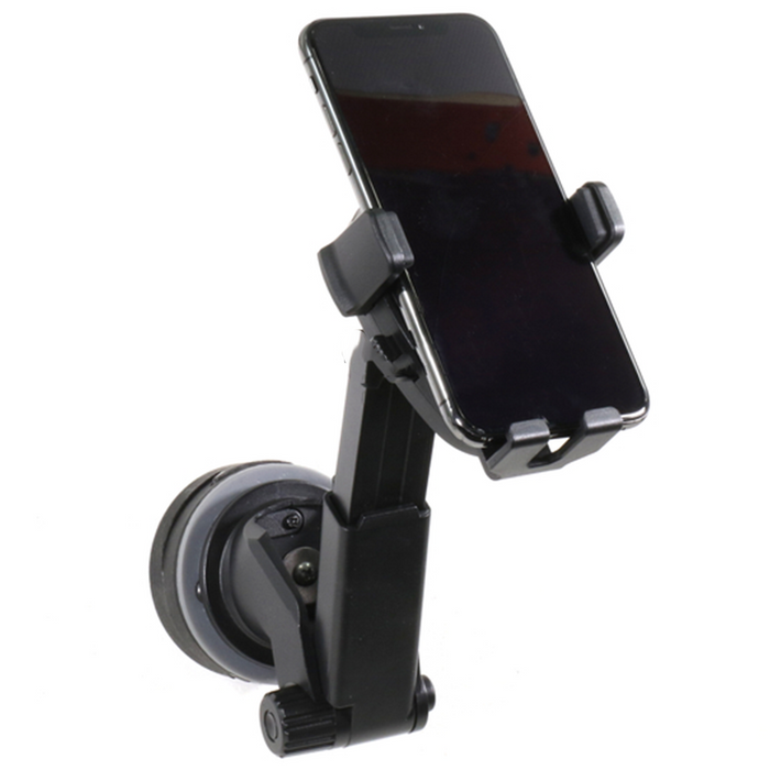 Clam ClamLock Phone Holder - 16944 showing a black adjustable phone mount with a suction cup base securing a smartphone, designed for sturdy hold in fishing or outdoor environments.