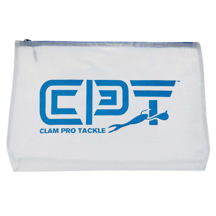 Clam CPT Bite Bags featuring a white mesh zippered pouch with blue CPT logo, designed for organizing fishing tackle and gear.