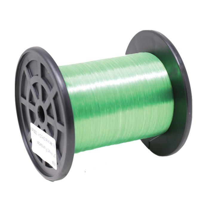 Green spool of Clam CPT Frost Fluorocarbon - Bulk Spools fishing line, shown on a black plastic reel, designed for durable and clear fishing tackle use.