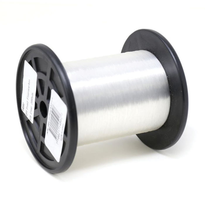 Spool of clear Clam CPT Frost Fluorocarbon - Bulk Spools fishing line with black plastic ends, designed for use in fishing tackle and rods.