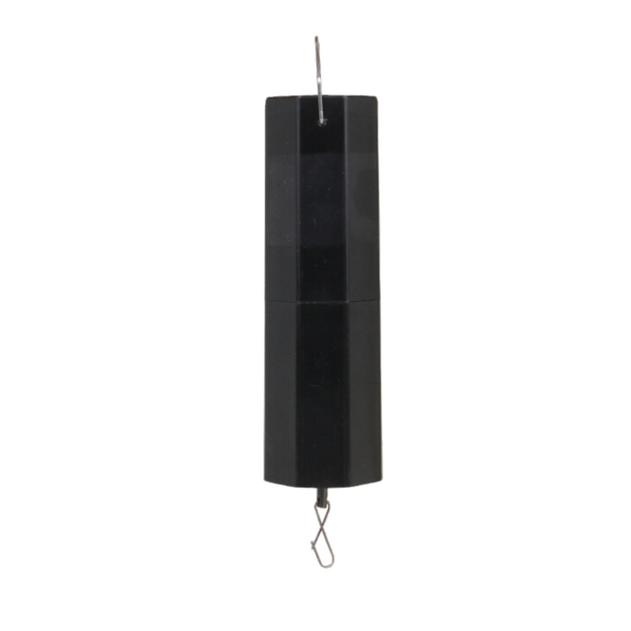 Clam Decoy Teaser, black rectangular fishing lure with a metal wire hook and swivel attachment, designed for attracting musky and other game fish.