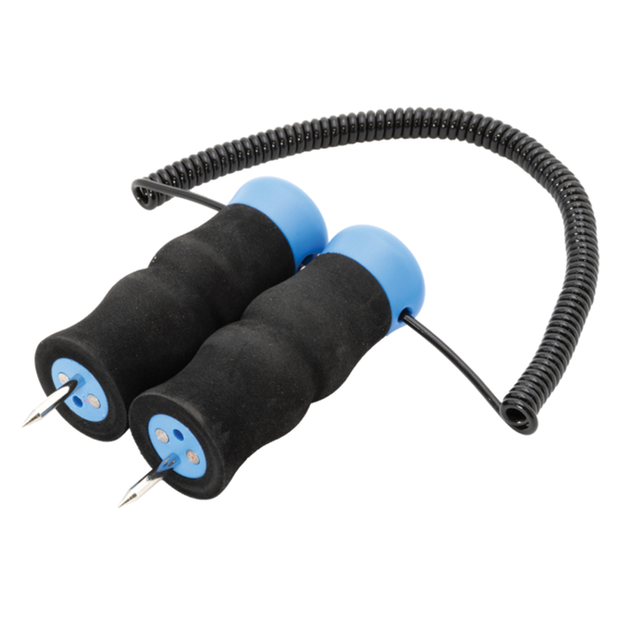 Clam Deluxe Floating Ice Picks with black foam handles, blue ends, metal safety spikes, and a coiled tether designed for ice fishing safety and easy grip.