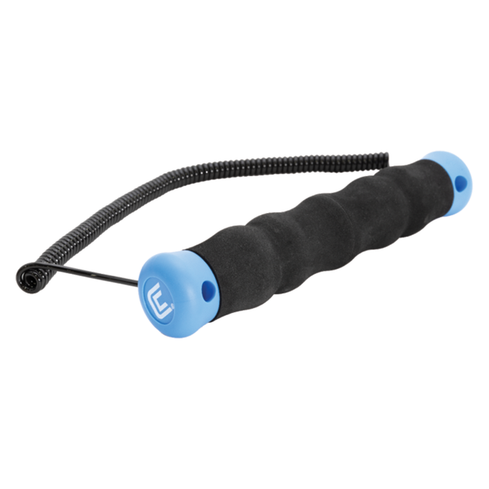Clam Deluxe Floating Ice Picks featuring black contoured foam grip handles with blue safety end caps and a coiled black tether for secure ice fishing use.