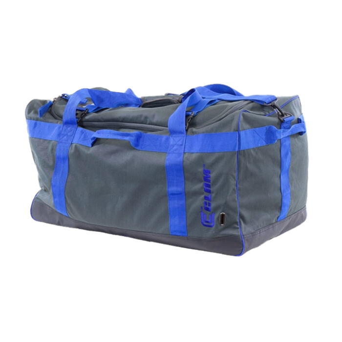 Clam Gear Bag in dark gray with blue straps, a large main compartment, multiple handles, and durable fabric designed for organizing and carrying fishing tackle and gear.