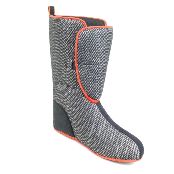 Clam IA Sub-Zero X Boots Liners in gray and black with orange trim, designed for insulation and comfort inside fishing boots, featuring a high ankle cuff and textured fabric.