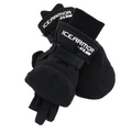 Clam Ice Armor Delta Glomitts are black insulated gloves featuring a removable mitten shell and adjustable wrist straps designed for cold-weather fishing protection.