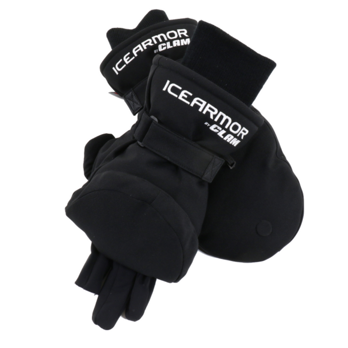 Clam Ice Armor Delta Glomitts are black insulated gloves featuring a removable mitten shell and adjustable wrist straps designed for cold-weather fishing protection.